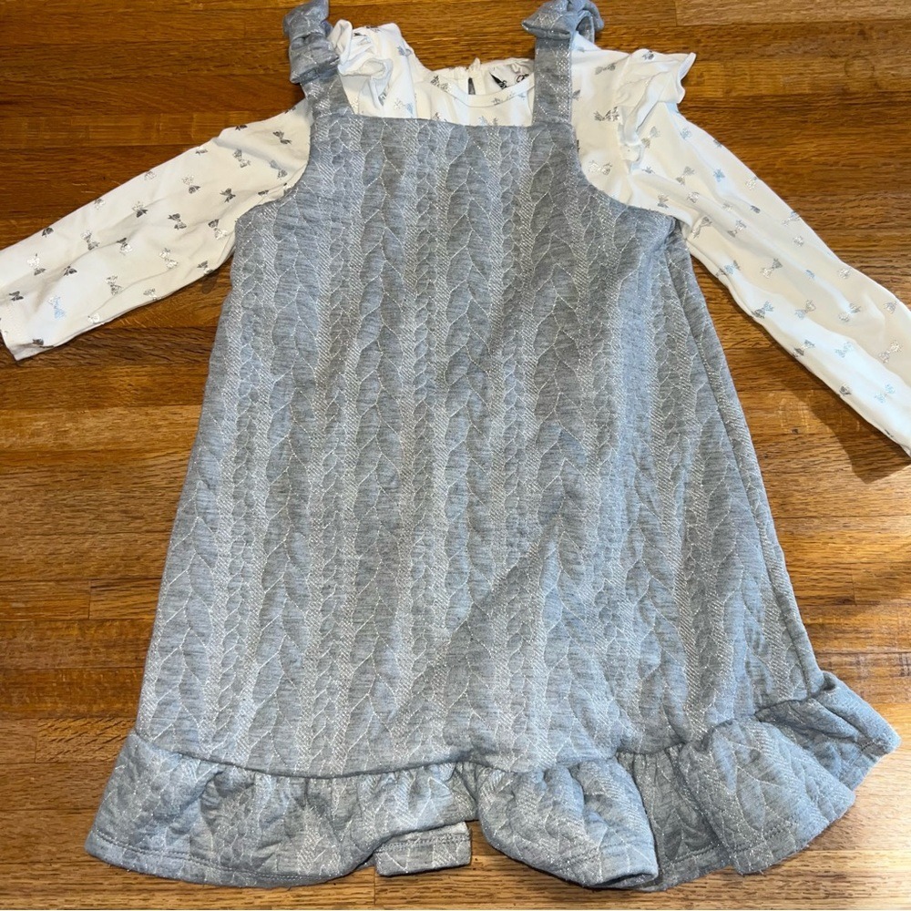 Rare Editions Girls 3T (2pc) White Silver Bows Ruffled Shimmery Jumper Dress